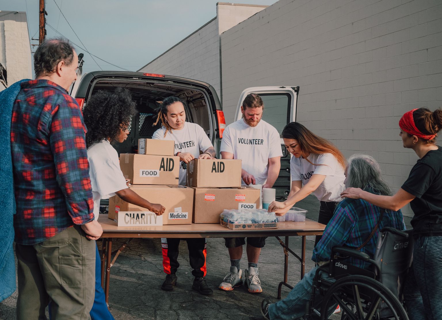 Volunteers organizing supplies
